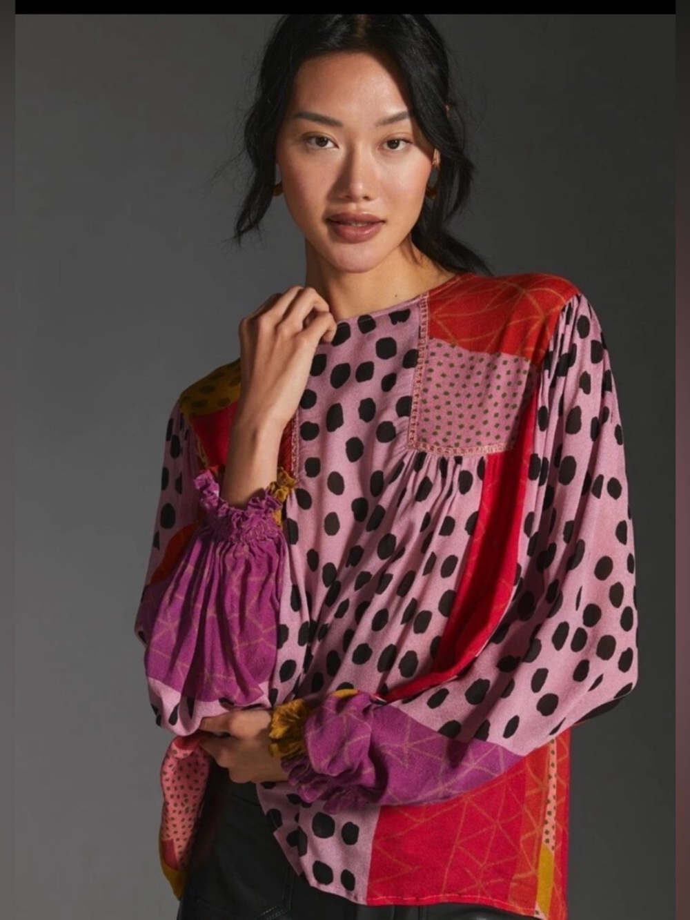Mixed Print Pink & Red Long-Sleeve Women's Top